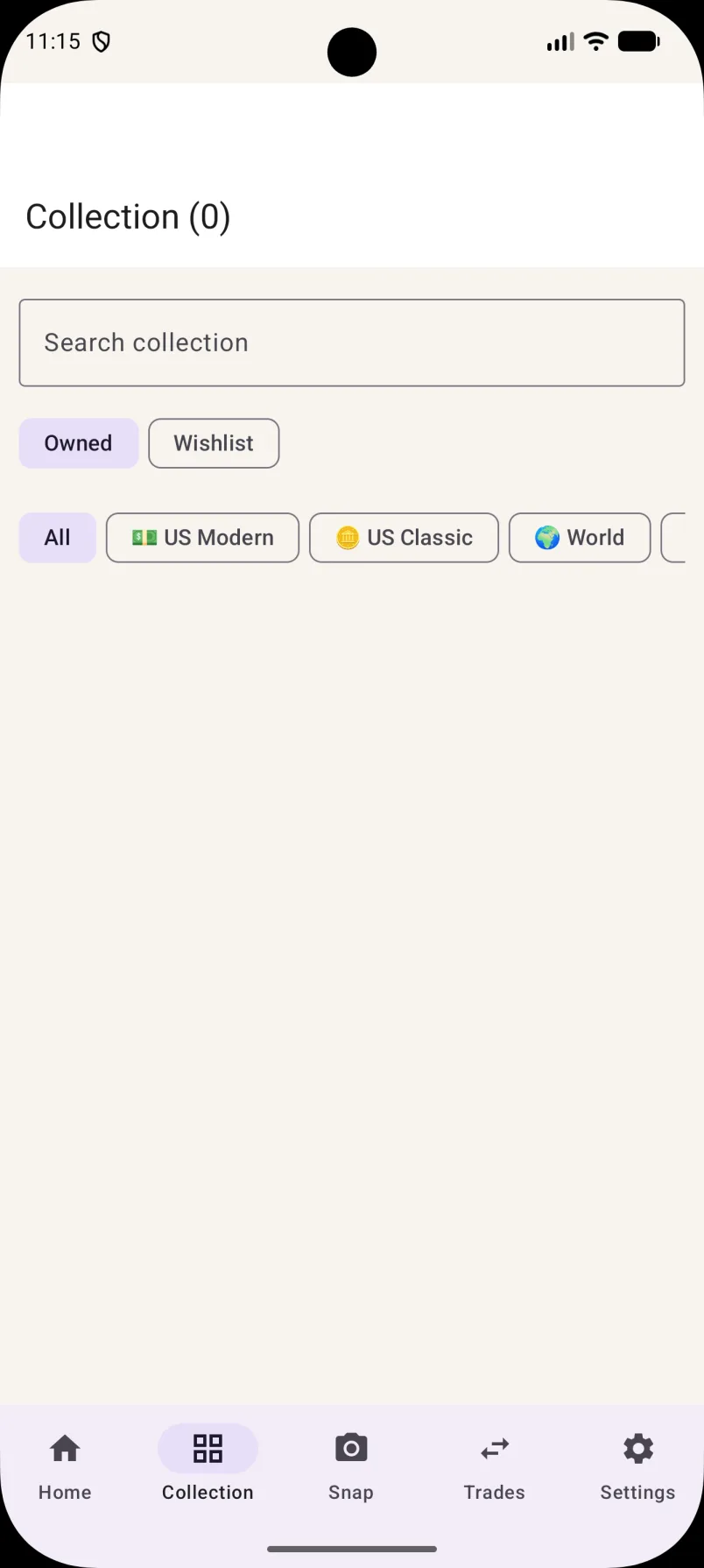 Collection tab with Owned, Wishlist, and category filters.