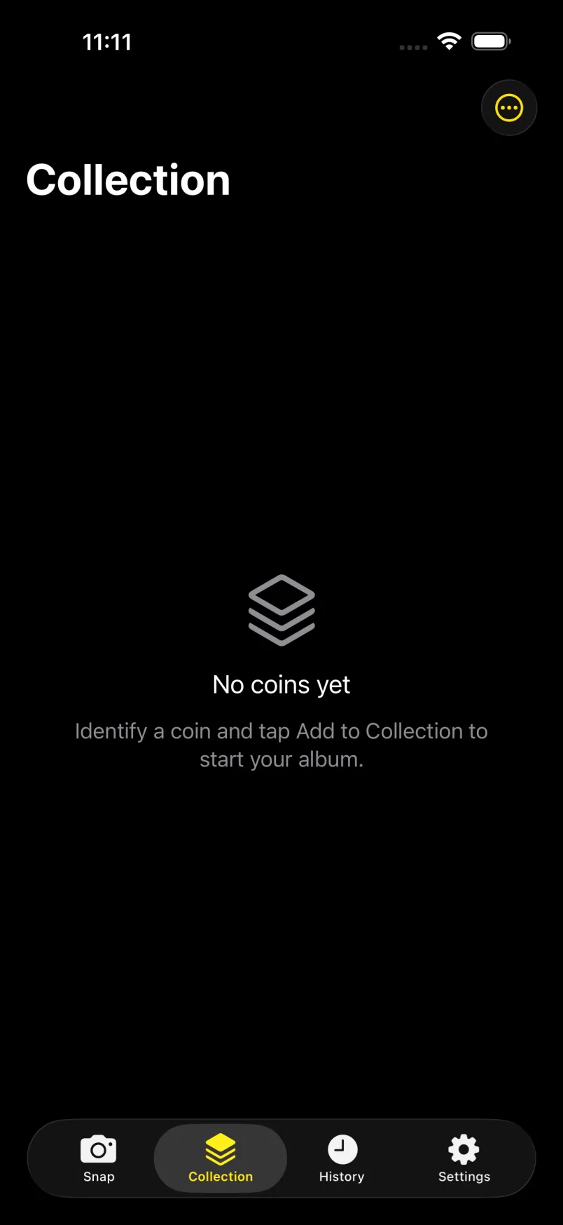 iOS Collection empty state: identify a coin and add it to the album.