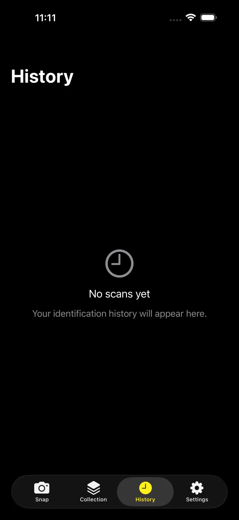 iOS History empty state for identification scans.