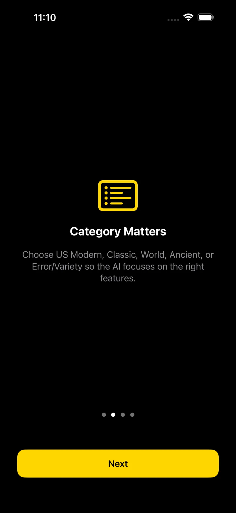 iOS onboarding: Category matters so the AI focuses on the right features.