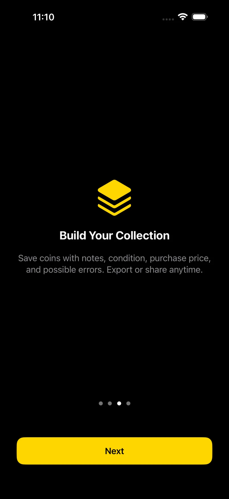 iOS onboarding: save coins with notes, condition, purchase price, and possible errors.