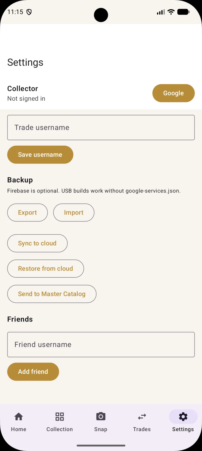 Settings: Google sign-in, trade username, export, import, and cloud backup.